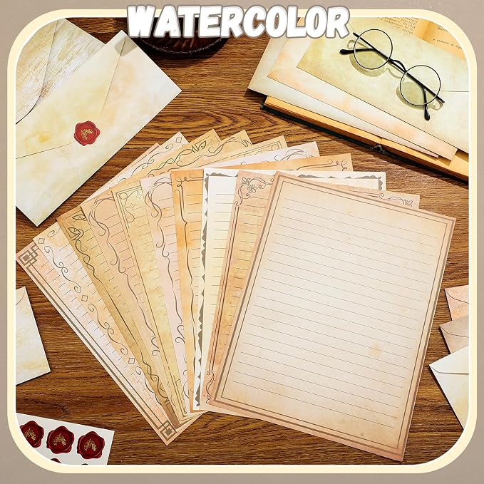 TaoBary 160 Pcs Stationery Paper Set 50 Double Sided Stationery Papers with 50 Matching Envelopes and 60 Round Dot Sticker, 10 Design(Light Vintage,8.5 x 11 Inch)