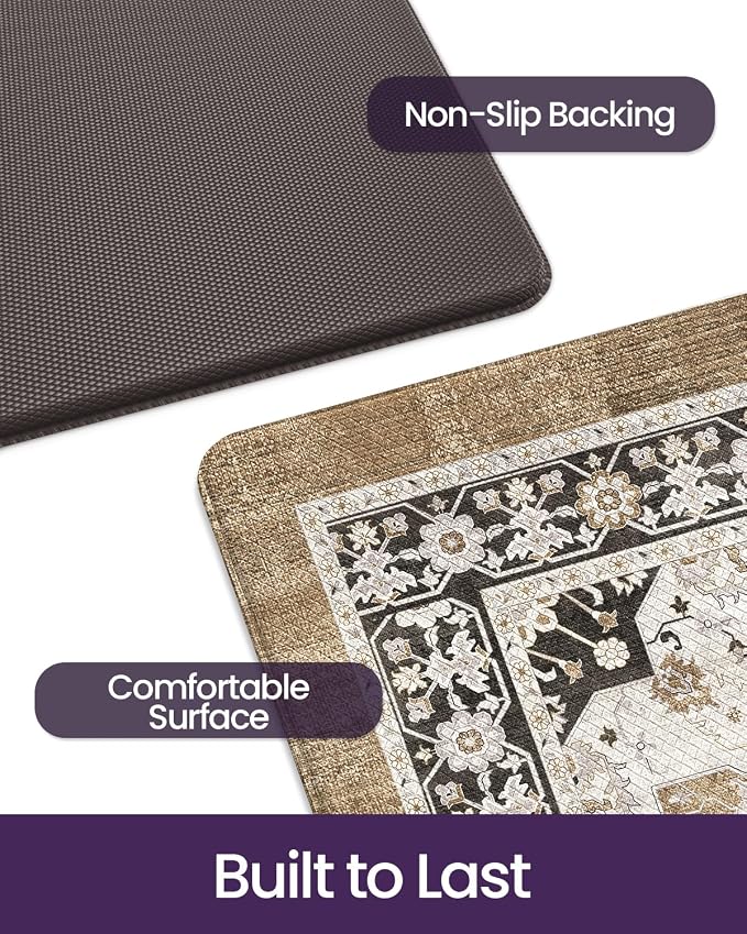 DEXI Kitchen Floor Mats Cushioned Anti Fatigue, 23x107 Long Wide Standing Comfort Runner Rug, Waterproof Retro Floral Memory Foam Padded for Front Sink Laundry, Brown/White