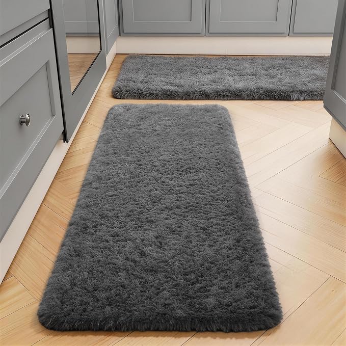 Ophanie Runner Rug for Hallway, 2x6 Washable Non-Slip Fluffy Soft Bedside Rugs 2 Pack, Bedroom Living Room Shaggy Gray Carpet for Kids Girls Boys Dorm Nursery Decor,Grey with Over 99 pcs Pile fibers