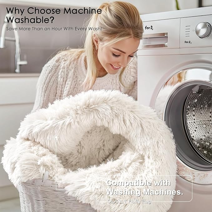 OLANLY Ivory Round Rugs for Bedroom - Machine Washable, 5 ft Circle Area Rugs for Living Room, Soft and Fluffy Shaggy Carpet for Teen Girls and Boys, Nursery Rooms, Dorms, Home Decor Aesthetic
