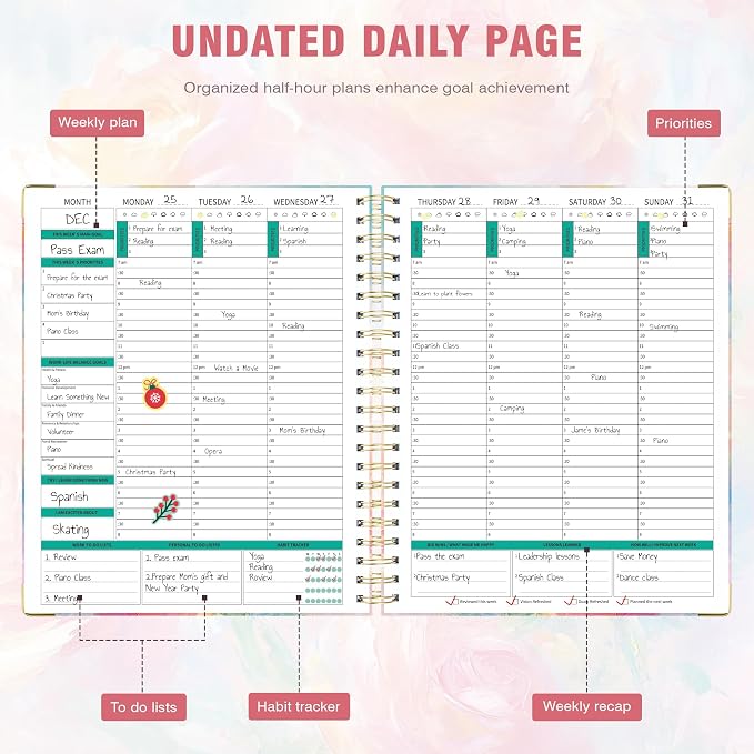 Ospelelf Undated Spiral Bound Planner Daily, Weekly and Monthly Planner, Pink Teacher Student Planner 12 Month 8.5 x 11