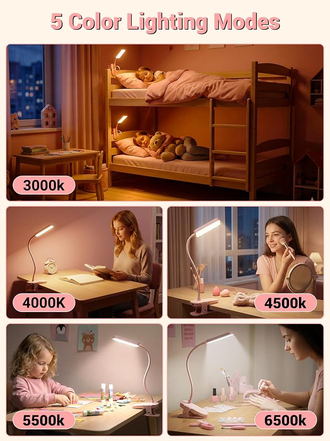 Pink Desk Lamp Cute Reading Light,45 Modes Dimmable Clip on Light with 4000mAh Battery,450 Lumen Rechargeable Desk Lamp with Clamp,Cordless & Wireless Pink Lamp for Girls Room/Kids Bedroom/Dorm/Bed