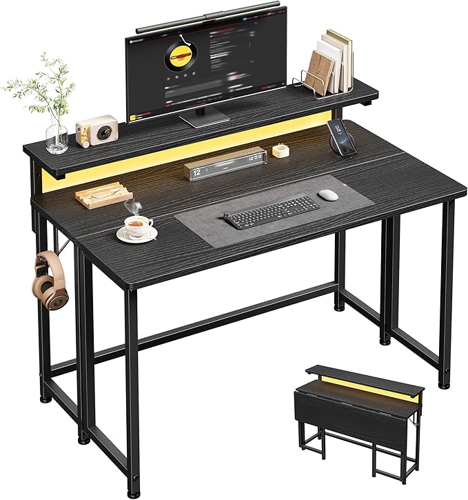 Folding Desk,Foldable Computer Desk with Monitor Stand,39.4 Inch Gaming Desk with LED Lights & Hooks,Space Saving Sofa Table for Couch,Home Office Desk for Bedroom Living Room,Black