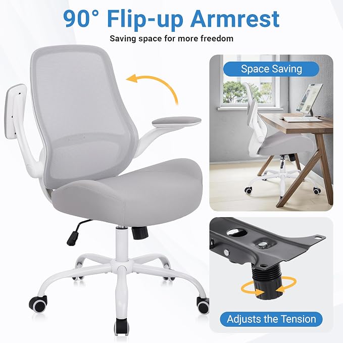 HYLONE Office Chair Ergonomic Desk Chair with Flip up Armrests, 5" Thickened Seat Computer Chair with Mesh Back Home Office Computer Chairs for Long Hours Mesh Executive Chair(White Base & Grey)