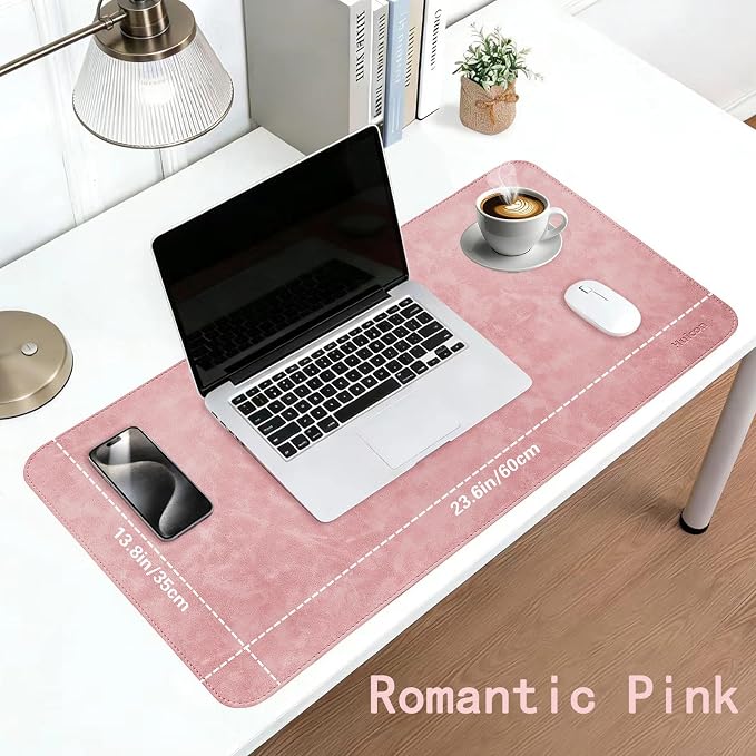 Soft Anti-Curl Faux PU Desk Mat 23.6"x13.8", Waterproof Heat Safe Non-Slip Vintage Desk Pad, Stitched Edge Wipeable Tear Resistant Desktop Protector for Work from Home Office (Pink)
