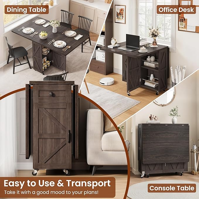 Space Saving Folding Dining Table for 2-4, Farmhouse Foldable Dining Table with Drawer and Storage Shelf, 6 Wheels Drop Leaf Kitchen Dining Room Table for Small Space (Walnut 47.2" x 23.6" x 29.5")
