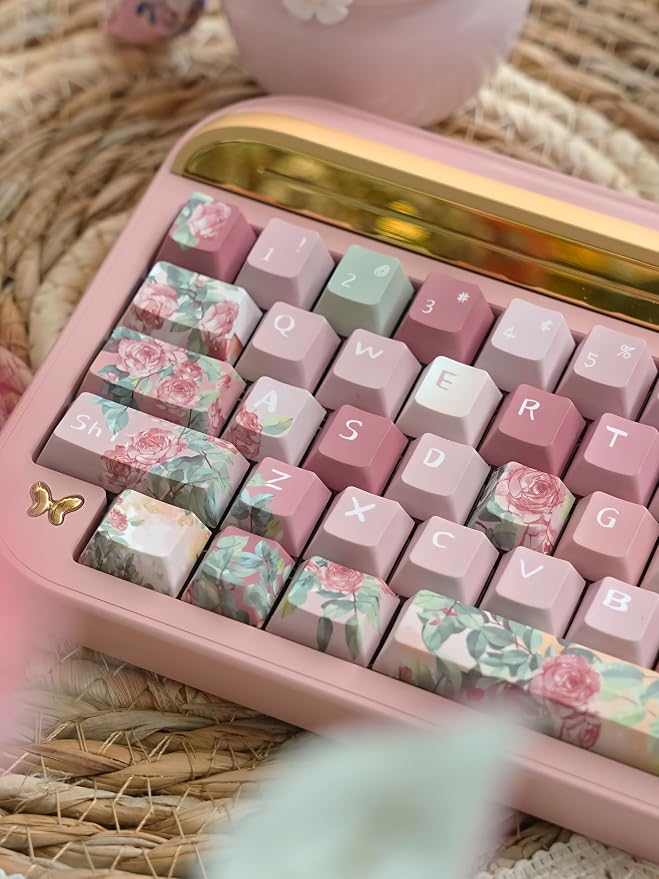 Pink Rose Keycaps Cherry Profile PBT Keycaps for 60% 65% 75% Mechanical Keyboards Dye Sub Full Size 128 Keys for MX Switches Custom Gaming Keyboard