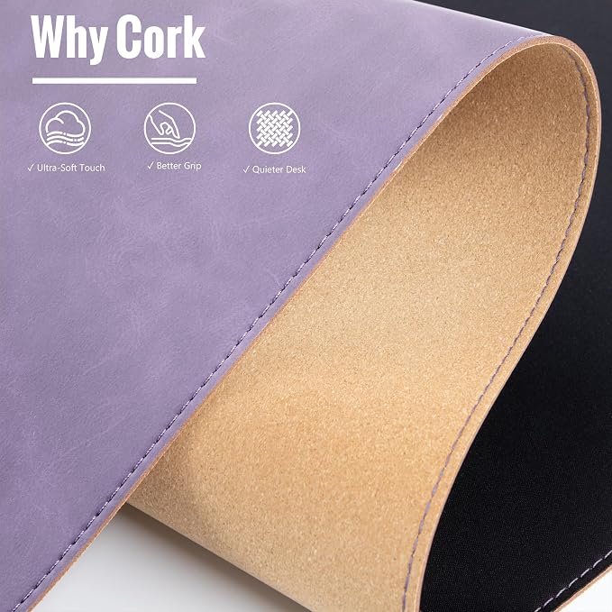 HAUTOCO Cork Desk Mat 31.5"x15.7", Distressed PU Leather & Cloth Desk Pad | Waterproof, Non-Slip, Stitched Edges, Purple Large Gaming Mouse Pad, Laptop Blotter & Desk Protector for Office and Home