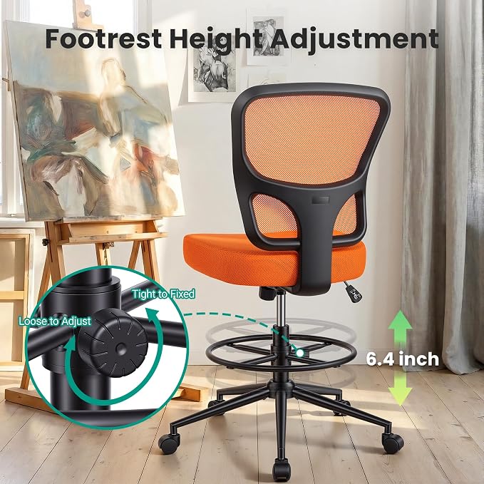 Armless Drafting Chair Tall Office Chair for Standing Desk - Adjustable Height Mesh Ergonomic Drafting Stool with Foot Ring & Wheels, Rolling Counter Height Computer Chair for Home Office