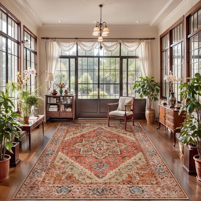 Tangsoo 5x7 Washable Area Rugs for Living Room, Vintage Indoor Non Slip Large Area Rugs, Print Carpet, Soft Low Pile Rug Foldable Floor Rug for Bedroom Dining Room DormTerracotta/Multi