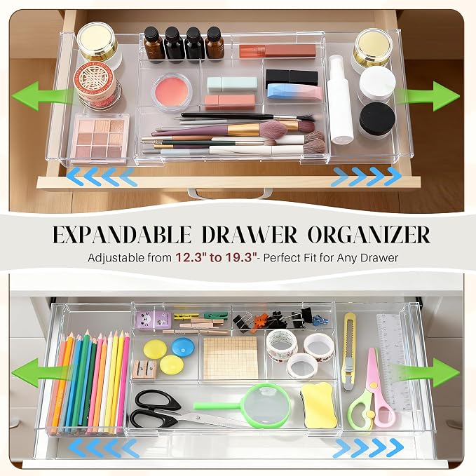 4pack Shallow Expandable Drawer Organizer, Adjustable 12.5”–20” Clear Plastic Drawer Organizer Tray for Vanity Bathroom Desk Kitchen Drawers, Multi Compartment Storage