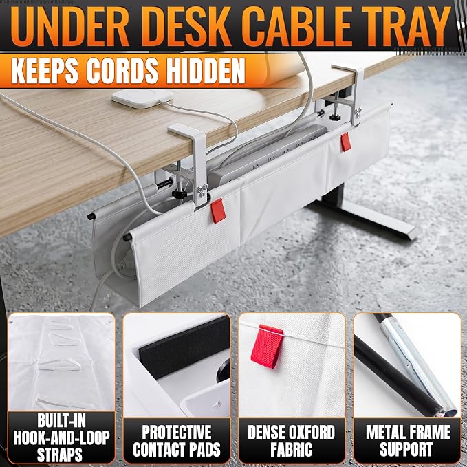 Under Desk Cable Management Tray 28" — No Drill Clamp-On Cord Organizer for Desk with Built-in Ties, Heavy Duty Metal Clamp, Foldable 600D Oxford Fabric for Home Office, WFH & Gaming PC Setup (White)