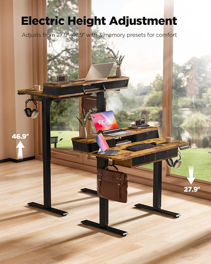 FiCiHi 40x24 Inch Electric Standing Desk, 4 Drawers, Adjustable Height Desk | Small Sit Stand Computer Desks, C-Clamp Compatible Home Office Desk with Monitor Stand, Cable Management, 3 Preset Heights
