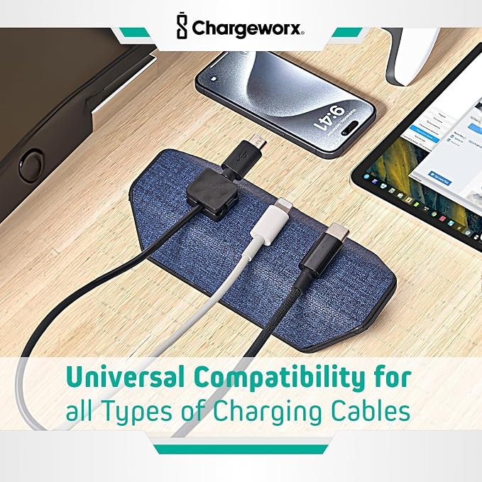 CHARGEWORX Magnetic Cable Organizer – 4 Pack - Weighted Non-Adhesive Cord Holder with 3 Magnetic Clips for USB-C, Lightning & MagSafe Cables – Desk, Office & Nightstand Cable Management