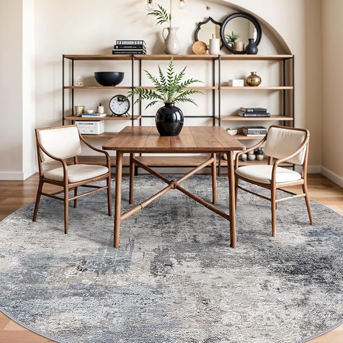RUUGME Washable 9ft Round Area Rug - Living Room Large Abstract Area Rug Soft Indoor Low Pile Carpet for Bedroom, Dining Room Non-Slip Backing Stain Resistant Distressed Decor Washable Mat 9ft Blue