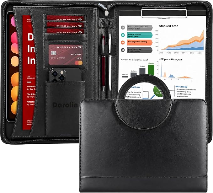 Darolin Vegan Leather Padfolio Portfolio with Handle, Zipper -Black | Business Portfolio Organizer for Meetings, Interviews, Travel, Resume, Clipboard Fits A4, Letter Size, Padfolio for Men Women
