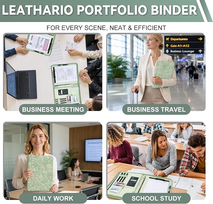 Leathario Portfolio Binder, Includes 5 Sheet Protectors and a Pen, 13 Inch Tablets Organizer, Vegan Leather A4 Padfolio, Multi-Pocket Notepad Business Planner Professional Document