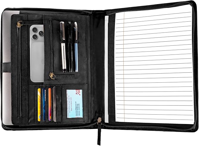 LEATHER VILLAGE Leather Portfolio Organizer - Professional Business Padfolio for Men & Women - Stylish Document Card Holder, Folio for A4/Letter Size Writing Legal Pad, Black
