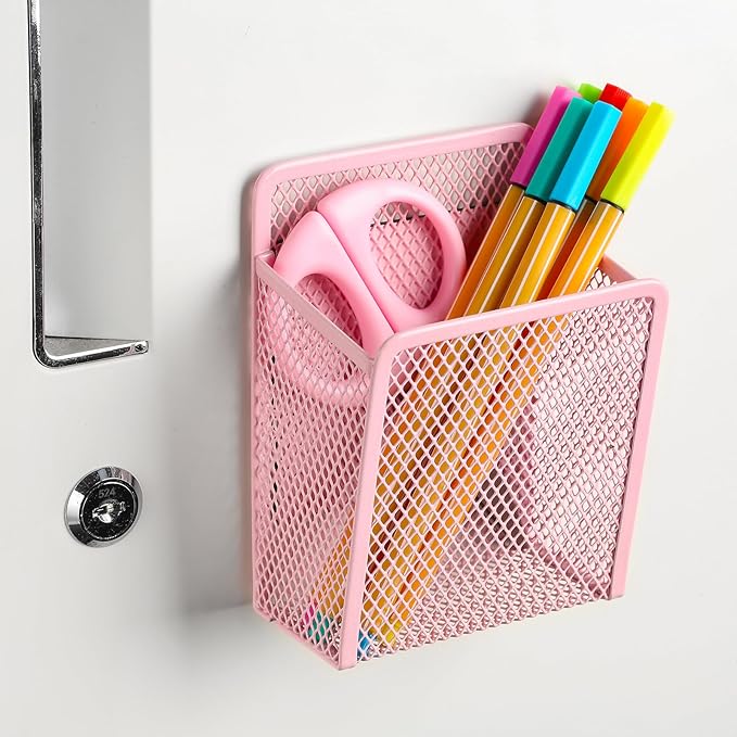 Magnetic Pencil Holder - Extra Strong Magnets Mesh Marker Holder Perfect for Whiteboard, Refrigerator and Locker Accessories (1 Baskets, Blush)