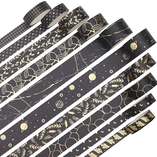 Creative Washi Tape Set 10 Rolls Gold Foil Print Decorative Masking Tapes for Arts, DIY Crafts, Journals, Planners, Scrapbook, Wrapping (Gold Dark)