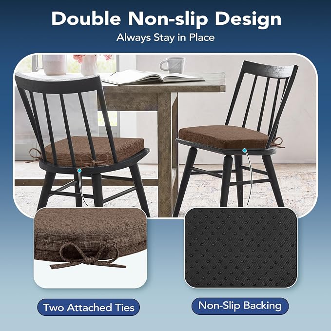 Chair Cushions for Dining Chairs, Non Slip Chair Pads with Ties and Washable Covers, Memory Foam Kitchen Chair Cushions Set of 6, 16"X16"X2.5", Brown