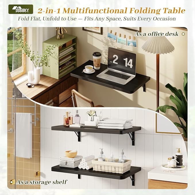 Dogsky Floating Wall Desk, 24" x 14" Wall Mounted Folding Table, Pine Wood Fold Down Wall Table, 100 lb Capacity Wall Mount Desk for Small Apartment, Laundry Room,Kitchen,Bar & Computer Use, Black