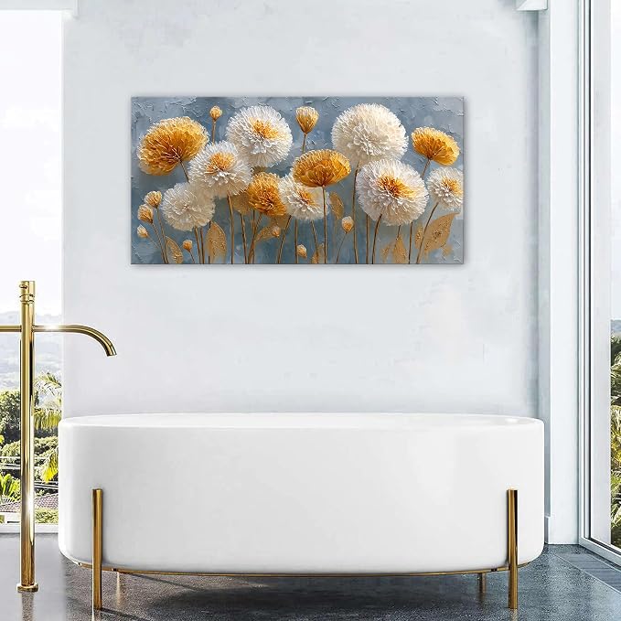 Abstract White Flower Wall Art Golden Floral Pictures Wall Decor Neutral Flowers Canvas Painting Boho Blossom Posters Print Nature Botanical Artwork Bedroom Living Room Office Home Decoration 24x48