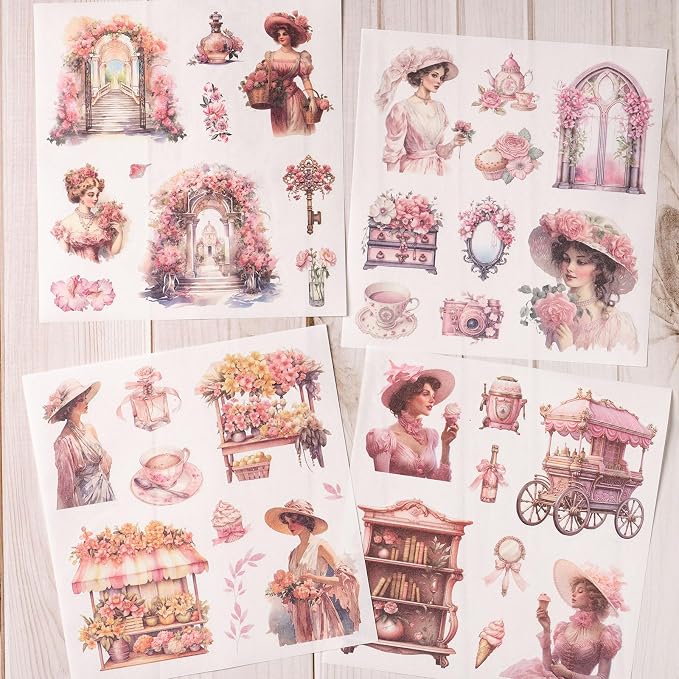 YagCu Garden Journaling Stickers, 50 Sheets Washi Junk Journal Sticker Book, Scrapbook Supplies, Watercolor Scrapbooking for Adults, Pink Decorative Ephemera Arts Craft