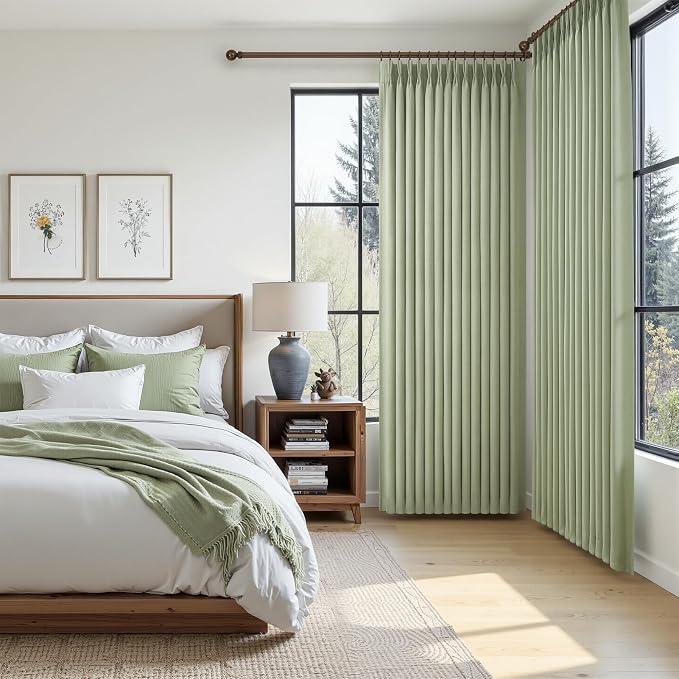 120 Inch Extra Long Sage Green Blackout High Ceiling Curtains for Living Room, Memory Trained Pinch Pleated Two Layer Linen Soundproof Heat Blocking Boho Large Windows Curtain 10FT Length 2 Panels Set