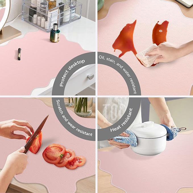 iCasso Pink Leather Desk Mat,Extra Large Scalloped Mouse Pad for Desktop,Waterproof PU Nail Table Mat,Cute Keyboard Mats for Women Girl,Non-Slip Desk Cover Mat for Office Home Dorm