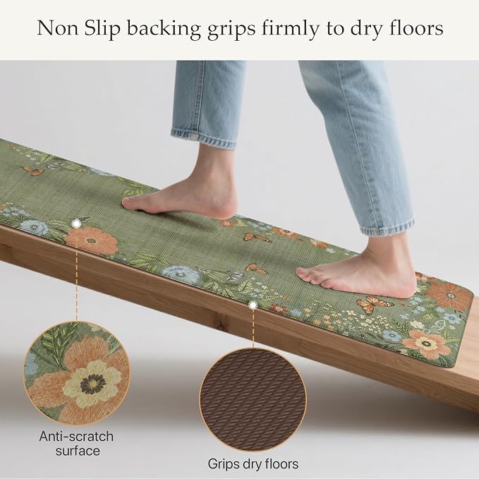 GENIMO Anti Fatigue Kitchen Mats for Floor 2PCS, Cushioned Standing Mats | 17.3"x59"&17.3"x30", Natural Green vintage floral rug set, waterproof, non slip, easy-clean for farmhouse