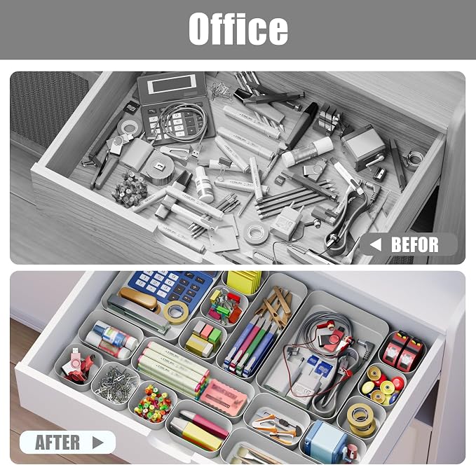 18 pcs Desk Drawer Organizer Tray, Multiple Sizes Plastic Drawer Organizer Storage, Stackable Organizer Containers For Makeup, Bedroom, Kitchen Gadgets Utensils and Office