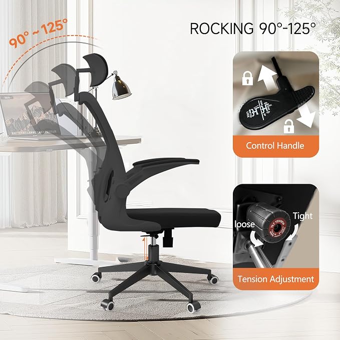 Monhey Office Chair Ergonomic Desk Chair with Lumbar Support&Headrest&Flip-up Arms Height Adjustable Rocking Swivel High Computer Chair Multi-Angle from 90° to 125° with 350LBS Capacity (03All Black)