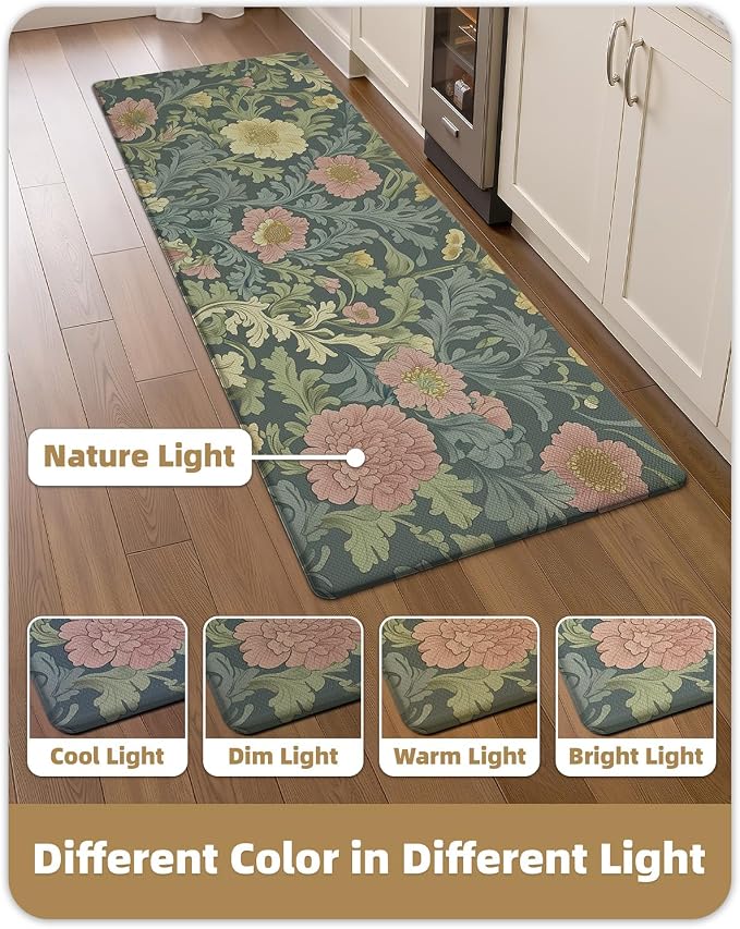 Color&Geometry Natural Floral Kitchen Floor Mat 24x59 Anti Fatigue, Green | 0.4in Thick Cushioned Standing Mat For Cooking/Working/Laundry, Flower Home Decor, Non Slip PVC Kitchen Rug, Oil/Water Proof