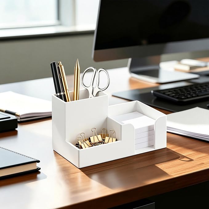 HBlife Acrylic Pen Holder for Desk, 3-Compartment Small Desk Organizer, White Office Supplies Desk Accessories with Sticky Notes Holder Stores Post It Notes 3X3 for Office, Home and School