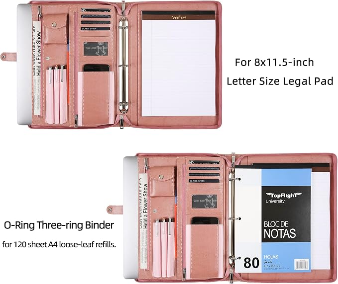 Pink Leather Padfolio for Women, Business Leather Binder 3 Ring Portfolio, Personalzied Leather Portfolio Binder, Zippered Portfolio Organizer for A4 Letter Size Notepad & 13-inch Laptop/Tablet