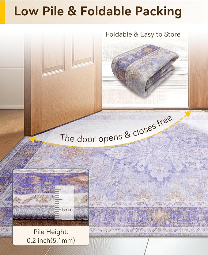 RELEANY Area Rugs 3'x5' Washable Non-Slip, Floral Vintage Distress Medallion Carpet for Living Room Bedroom Dining Room, Light Purple Brown