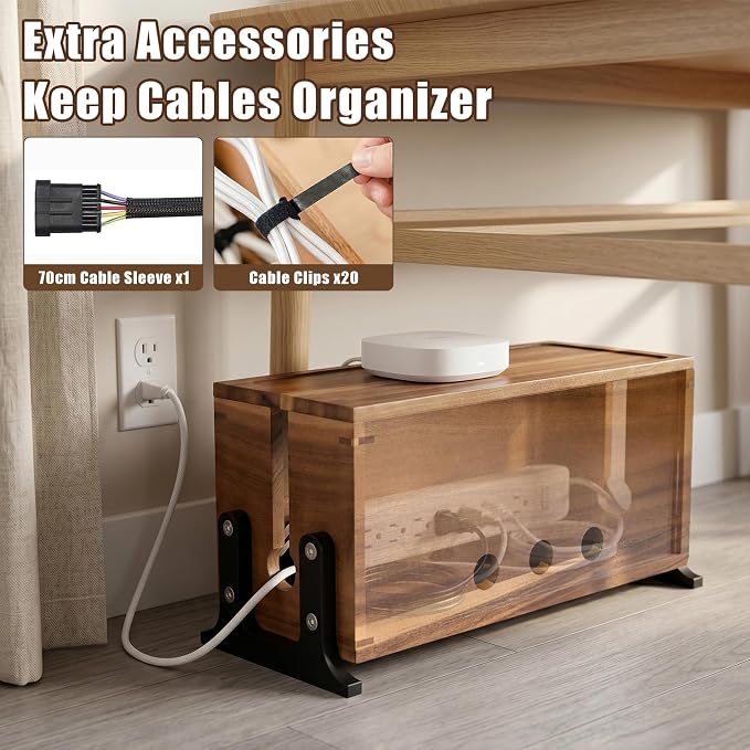 Extra Large Acacia Wood Cable Management Box, Pet Child Safe Cord Hider | Home Decor Cord Organizer, Sturdy Cable Hider Box for Power Strip, TV Wires, Desk & Floor & Office Under Desk Cable