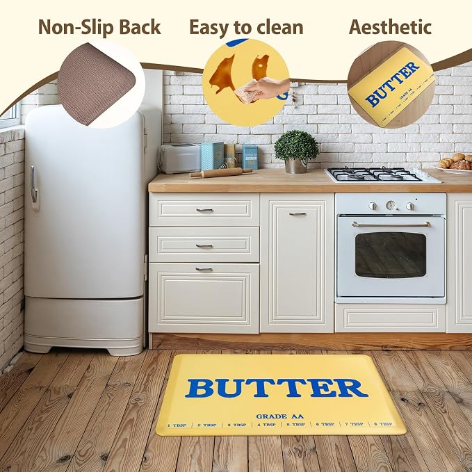 MSJGA Butter Rug Kitchen Rugs Floor Cushioned Anti-Fatigue Mat 17.3"x28" | Non-Slip Standing Desk Mat, Comfort Floor Mats for House Sink Office Laundry, Waterproof, Yellow