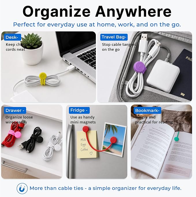 COOLMI Magnetic Cable Ties 8 Pack, 6.88 Inch Reusable Silicone Cord Organizer Wraps, Strong Magnet Cable Management Straps for Charging Cords, USB Cables, Earbuds, Desk, Travel, Black