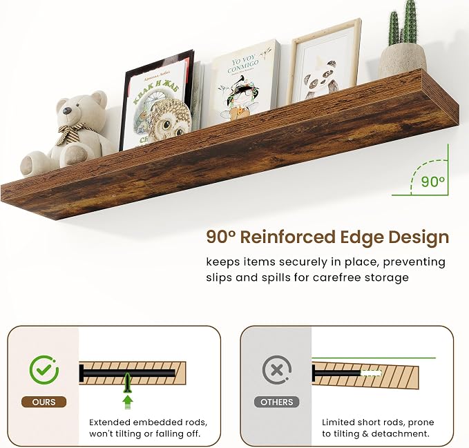 Marsmiles 55in Floating Shelves for Wall, 55" W x 9.25" D x 1.5" H, Long Wall Mounted Engineered Wood Shelves with Invisible Brackets for Living Room, Bedroom, Bathroom, Kitchen, Rustic Brown, 2Pcs