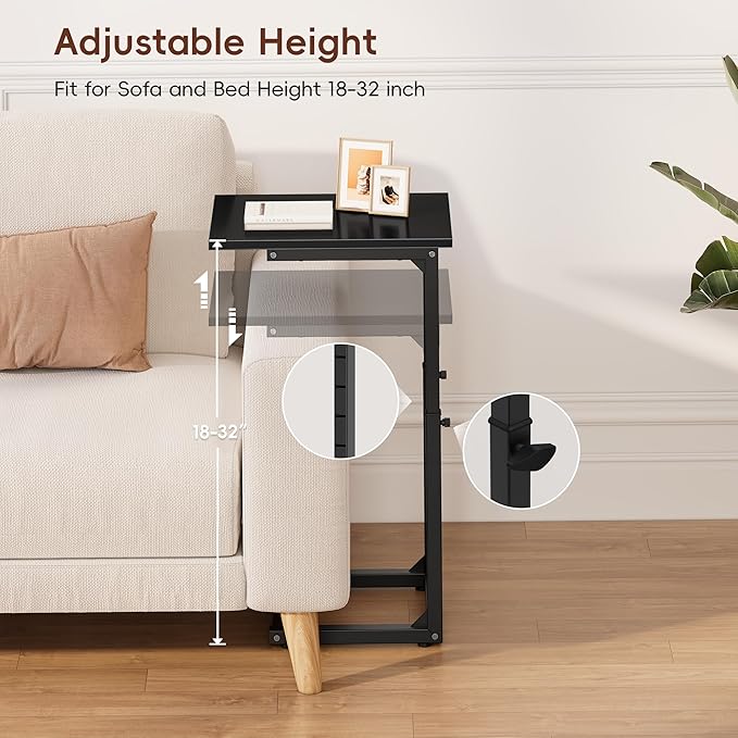 Vagusicc C-Shaped End Table for Couch, 33" Tall C Table Adjustable Height Side Table, Couch Side Tables with Metal Frame Slide Under Sofa, Sofa Table TV Tray for Living Room, Bedroom, Bedside, Black