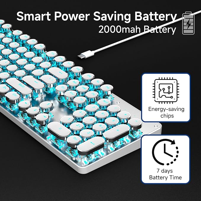 EWEADN TK950 Typewriter Mechanical Keyboard and Mouse, 104 Keys Aesthetic Typewriter Keyboard Mouse Combo with Blue Backlit, Anti-Ghosting, Blue Switch Bluetooth/2.4GHz/Wired Cute Keyboards-White
