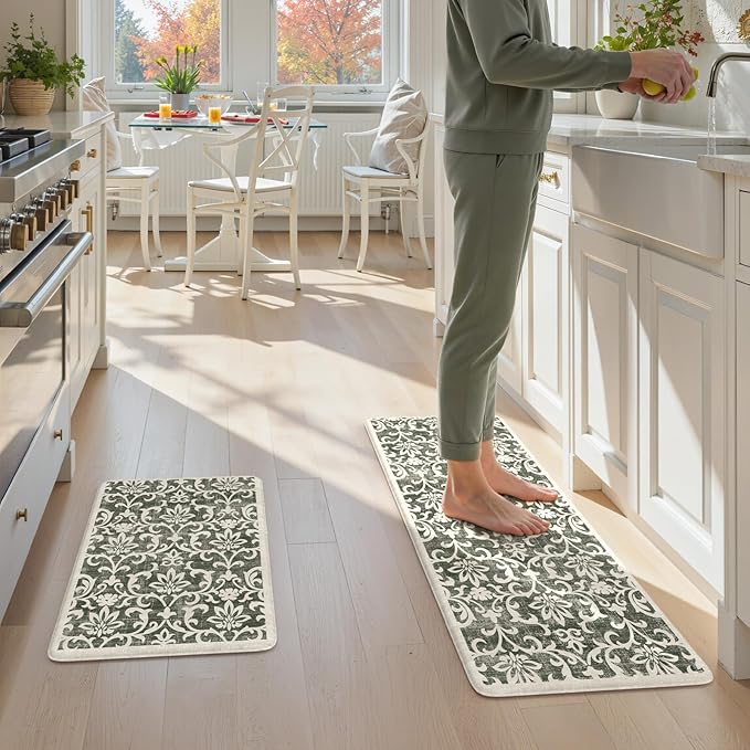 LEEVAN Green Kitchen Mat Sets of 2, Vintage Distressed Anti Fatigue Memory Foam Kitchen Floor Mat for Laundry,Non Slip Cushioned Standing Mat for Home, Office, Desk,Sink(17''x29''+17''x47'')