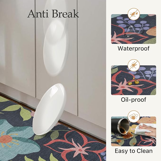 GENIMO Anti Fatigue Kitchen Mats for Floor 2PCS, Cushioned Standing Mats | 17.3"x47"&17.3"x30", Light Black vintage floral rug set, waterproof, non slip, easy-clean for farmhouse
