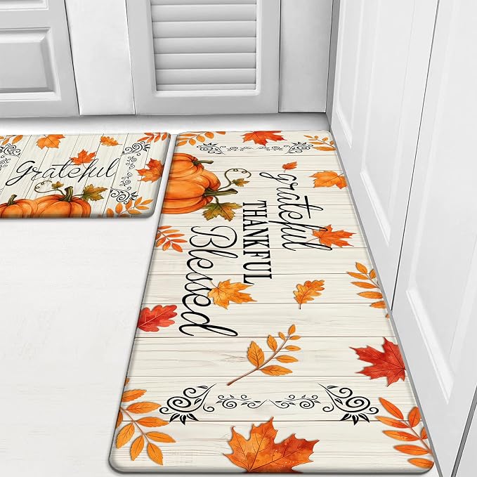 HEBE Fall Kitchen Mat Set of 2, Anti Fatigue Pumpkin Kitchen Mats for Floor | Cushioned Non Slip Autumn Kitchen Rugs and Runner Set, Waterproof Maple Leaf Floor Carpet for Harvest Thanksgiving