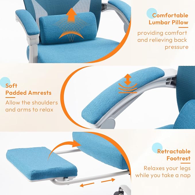 Ergonomic Desk Chair, High Back Office Chair with Wheels, Elegant Blue | Computer Chair with Footrest, Swivel Reclining Gaming Chair with Headrest, Comfy Armrest for Home, Office, Work, Study