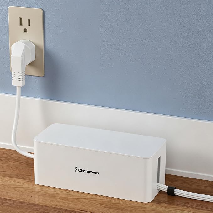 Cable Management Box, Extension Cord Hider, Power Strip Box, White, 2 Pack | Wire Organizers for Cords, Floor Cable Concealer, Heat Resistant, Vented, Cord Hider Box, Power Strip Cover Box