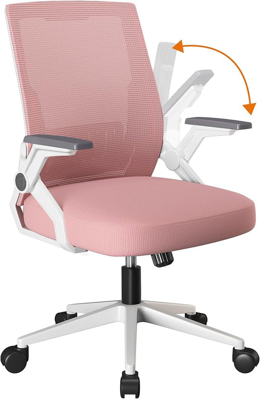 COMHOMA Office Chair with Flip-up Armrests Ergonomic Computer Desk Chair with Adaptive Lumbar Support & Breathable Mesh, Pink