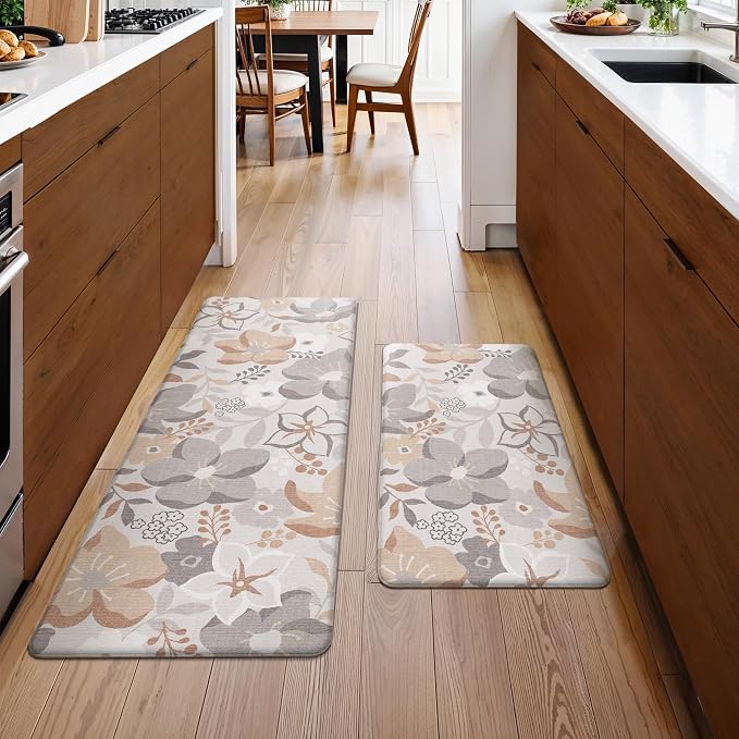 GENIMO Anti Fatigue Kitchen Mats for Floor 2PCS, Cushioned Standing Mats | 17.3"x47"&17.3"x30", Grey vintage floral rug set, waterproof, non slip, easy-clean for farmhouse
